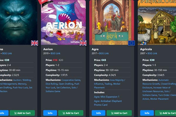 Beautiful custom board game webshop storefront